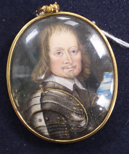 English School, oil on vellum, Miniature of a Oliver Cromwell?, 5 x 4cm
